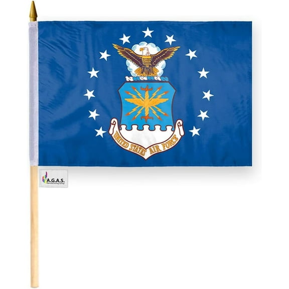 AGAS Air Force Stick Flag - 12 x 18 inch - Printed Single Sided Polyester - Stitched Edges - 24 inch Natural Wood Pole - US Military Stick Flag.