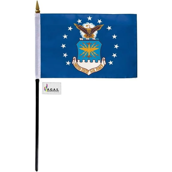 AGAS Air Force Stick Flag - 4 x 6 inch - Printed Single Sided 200D Nylon - Stitched Edges - 11 inch Black Plastic Pole - US Military Stick Flag.