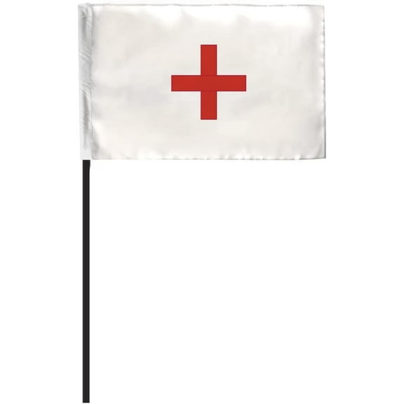 AGAS Ambulance Motorcycle Racing Stick Flag 4x6 inch - Mounted on 11 inch Black Plastic Pole - Polyester - White with Red Cross Racing Flag - Sports Professional Racing Flags.
