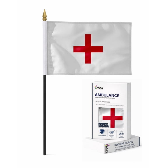 AGAS Ambulance Motorcycle Racing Stick Flag 4x6 inch - Mounted on 11 inch Black Plastic Pole - Polyester - White with Red Cross Racing Flag - Sports Professional Racing Flags.