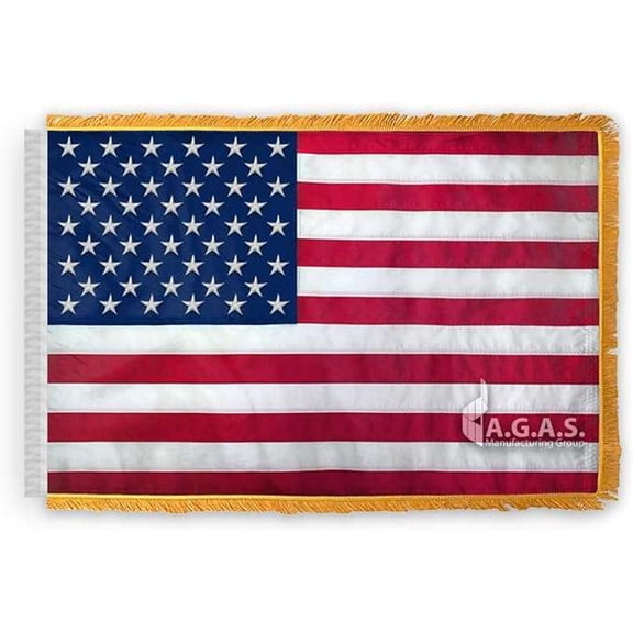 AGAS American Embroidered Ceremonial Flags With Gold Fringe - 3 x 5 ft - Heavy Duty 400D Nylon - Embroidered Stars Sewn Stripes - Indoor Pole Sleeve - USA Gold Fringed Flag.