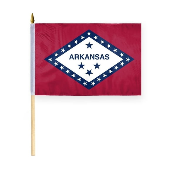 AGAS 12x18 Polyester Arkansas Stick Flag, with 24 inch Wood Pole, Handheld Desk Flag