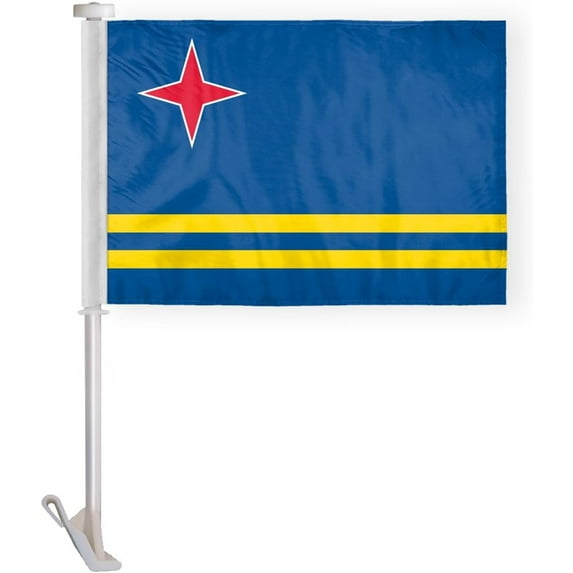 AGAS Aruban Car Flag Premium 10.5x15 inch Printed Double Sided on Super Knit Polyester Fabric Double Stitched 19 Inch White Plastic Unbreakable Stiff Pole