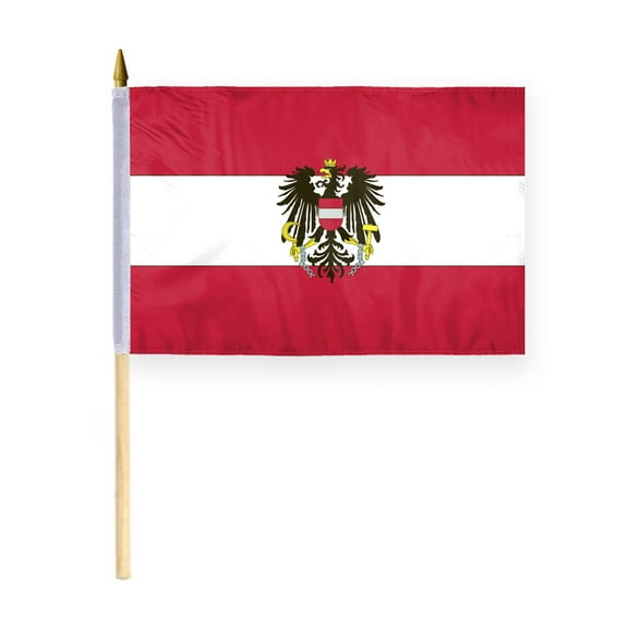 AGAS Austria with Eagle Seal Stick Flag 12x18 inch mounted onto 24" Wood Pole - Polyester - Mini Austria with Eagle Seal Flag - Austria with Eagle Seal Flag Austrian State Ensign Flagge Österreichs