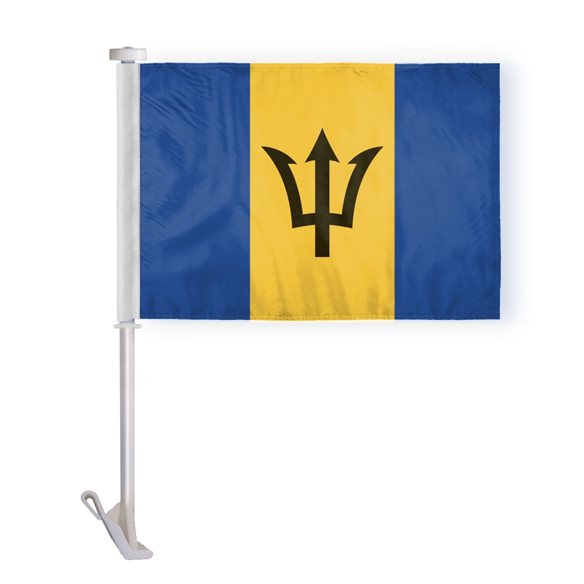 AGAS Barbados Premium Car Flag 10.5x15 inch Printed Double Sided on Super Knit Polyester Fabric Double Stitched 19 Inch White Plastic Unbreakable Stiff Pole