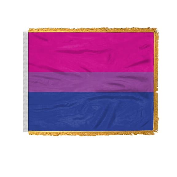 AGAS Bi Pride Antenna Aerial Flag For Cars with Gold Fringe 4x6 inch - Printed Wrap Knitted Polyester Stitched Edges - Plastic Mounting Clip - Gold Fringed Bisexual Pride Flag for Automobiles