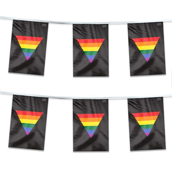 AGAS Black Rainbow Triangle Streamers for Party 60 Ft long - Printed Single Sided on Polyester Fabric - Stitched Edges - Rainbow Triangle Pride Party Decoration with String