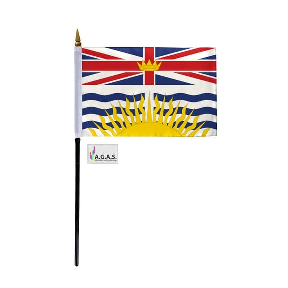 AGAS British Columbia Canada Flag 4 x 6 inch - 11" Plastic Pole 100% Polyester Stitched Edges Canadian Province of British Columbia Mini Flag on a Stick
