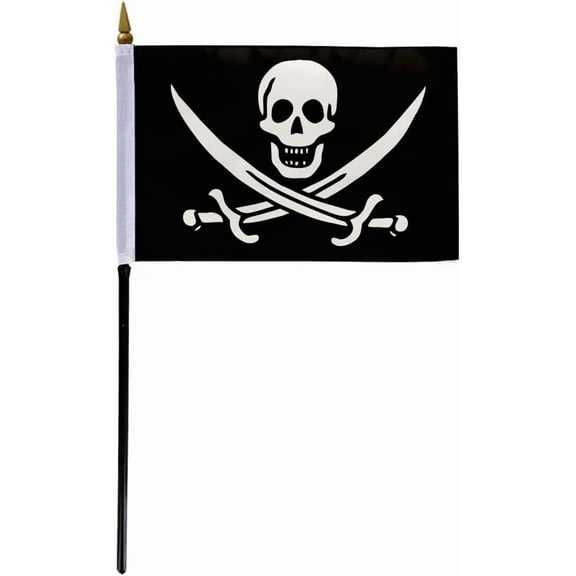 AGAS Calico Jack Rakham Small Stick Flag 4x6 inch - Polyester Fabric 11 inch Plastic Pole - Halloween Mini Flag