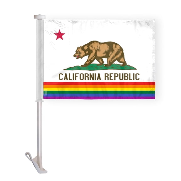 AGAS California Pride Car Window Flag 10.5x15 inch - Double Side Printed Wrap Knitted Polyester - 19 Inch White Plastic Unbreakable Pole Car Flag