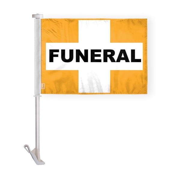 AGAS Car Window Funeral Cross Car Flags - 10.5x15 inch White Cross on Gold, Double-Sided, Super Knit Polyester, Unbreakable Stiff Pole