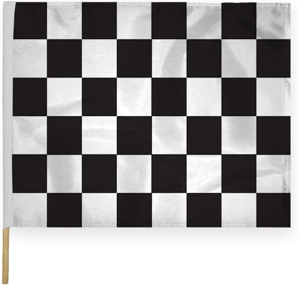 AGAS Checkered Racing Flags 24x30 inch – Black White Nylon, Stitched, Mounted on 30 inch Wood Pole.