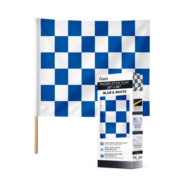 AGAS Checkered Racing Flags Blue White Pattern - 24x30 inch -Heavy Duty 200D Nylon Fabric-Mounted on 5/8 dia x 30 inch Natural Wood Pole - Sports Racing Flags - Official End of Race Session Flag.