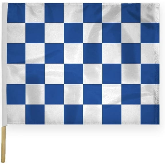 AGAS Checkered Racing Flags Blue White Pattern - 24x30 inch -Heavy Duty 200D Nylon Fabric-Mounted on 5/8 dia x 30 inch Natural Wood Pole - Sports Racing Flags - Official End of Race Session Flag.