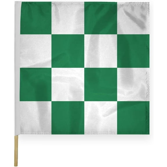 AGAS Checkered Racing Flags Green White Pattern-30x30 inch -Heavy Duty 200D Nylon Fabric-Mounted on 5/8 dia x 36 inch Natural Wood Pole-Large Sports Racing Flags-Official End of Race Session Flag.