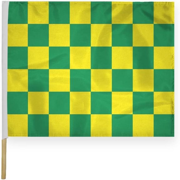 AGAS Checkered Racing Flags Green Yellow Pattern - 24x30 inch -Heavy Duty 200D Nylon Fabric-Mounted on 5/8 dia x 30 inch Natural Wood Pole - Sports Racing Flags - Official End of Race Session Flag.