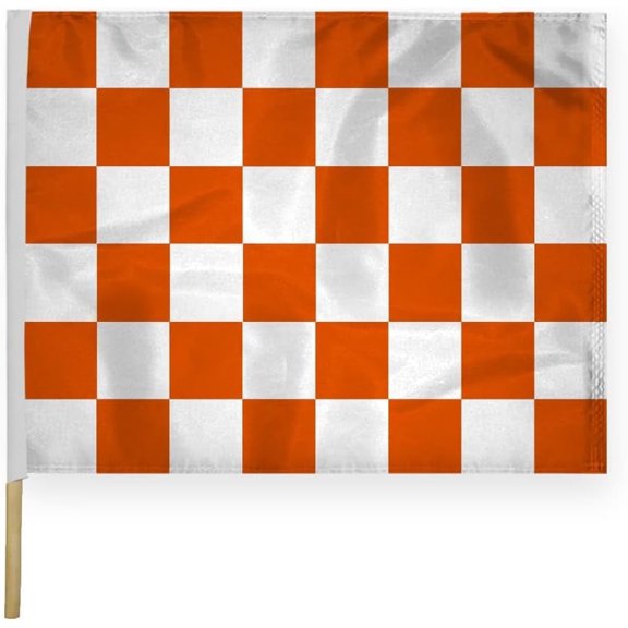 AGAS Checkered Racing Flags Orange White Pattern - 24x30 inch - Heavy Duty 200D Nylon Fabric -Mounted on 5/8 dia x 30 inch Natural Wood Pole - Sports Racing Flags - Official End of Race Session Flag.