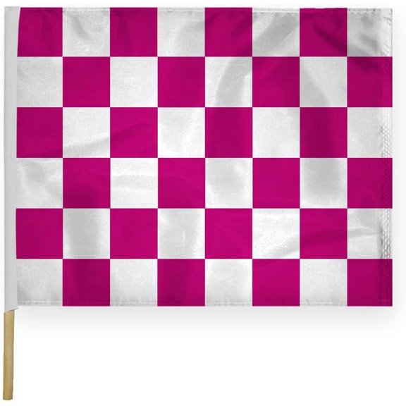 AGAS Checkered Racing Flags Pink White Pattern - 24x30 inch -Heavy Duty 200D Nylon Fabric-Mounted on 5/8 dia x 30 inch Natural Wood Pole - Sports Racing Flags - Official End of Race Session Flag.