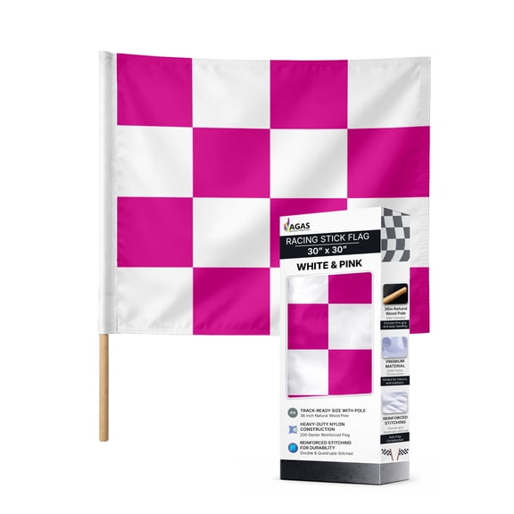 AGAS Checkered Racing Flags Pink White Pattern-30x30 inch-Heavy Duty 200D Nylon Fabric -Mounted on 5/8 dia x 36 inch Natural Wood Pole - Large Sports Racing Flags - Official End of Race Session Flag.