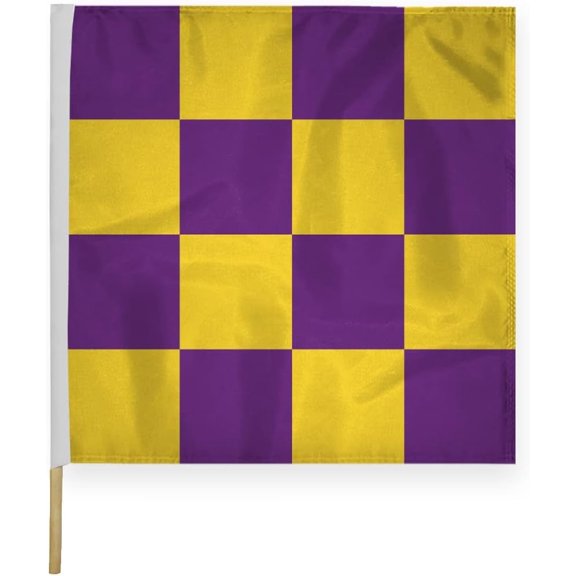 AGAS Checkered Racing Flags Purple Gold Pattern-30x30 inch-Heavy Duty 200D Nylon Fabric-Mounted on 5/8 dia x 36 inch Natural Wood Pole-Large Sports Racing Flags-Official End of Race Session Flag.