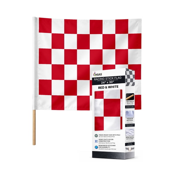 AGAS Checkered Racing Flags Red White Pattern - 24x30 inch -Heavy Duty 200D Nylon Fabric-Mounted on 5/8 dia x 30 inch Natural Wood Pole - Sports Racing Flags - Official End of Race Session Flag.