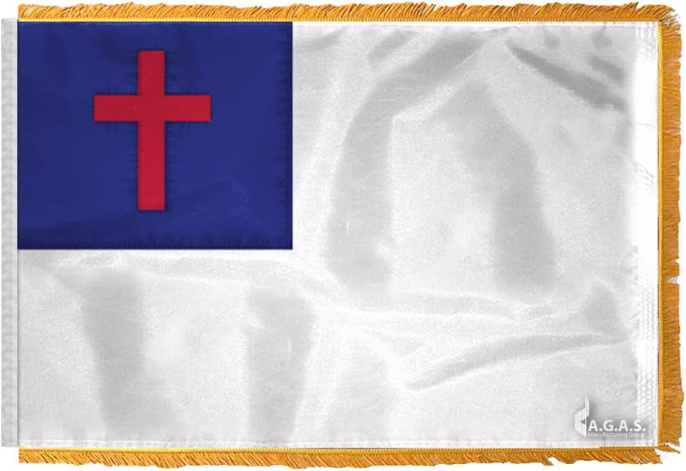 AGAS Christian Flag 4x6 Ft – Heavy Duty Nylon Flag with Gold Fringe, Indoor Display