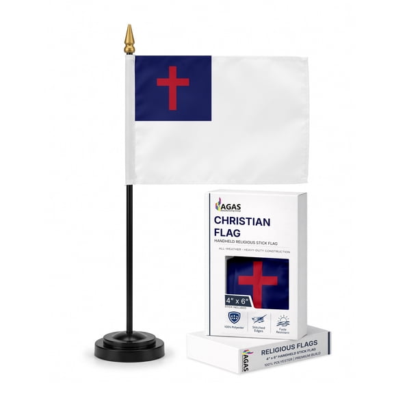 AGAS Christian Stick Flag 4x6 Inch- UV Resistant Polyester w/ Gold Ball Spear Top & 11" Plastic Pole