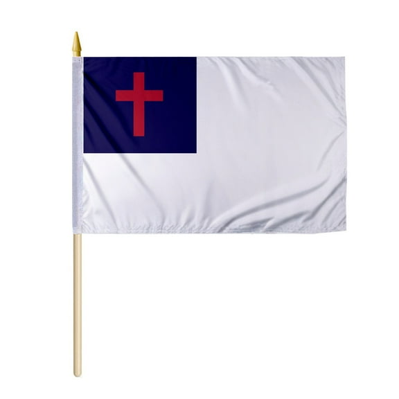 AGAS Christian Stick Flag 8x12 Inch- UV Resistant Polyester w/ Spear Top & 18" Natural Wooden Pole