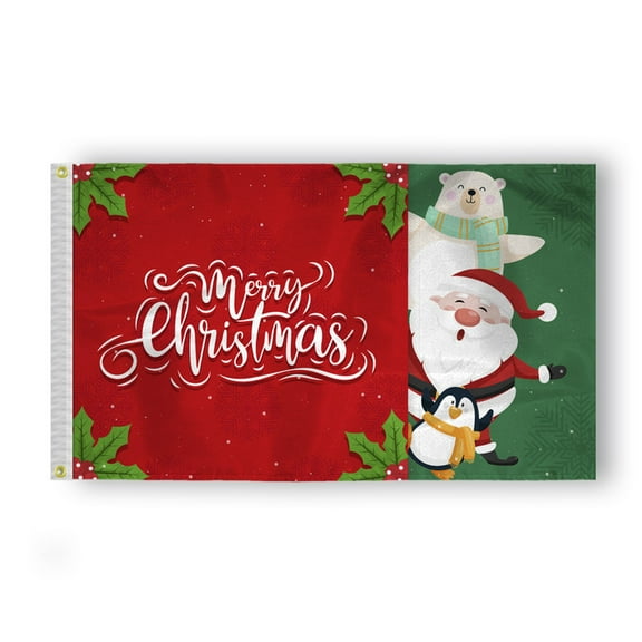 AGAS Christmas Flag - Merry Christmas Flag with Santa, Bear, Penguin on Red & Green - 3x5 ft - Outdoor/Indoor Decoration Flags