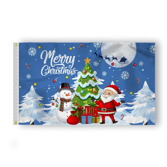 AGAS Christmas Flag - Merry Christmas Flag with Tree, Santa, Snowman, Gifts on Blue - 6x10 ft - Outdoor/Indoor Decoration Flags