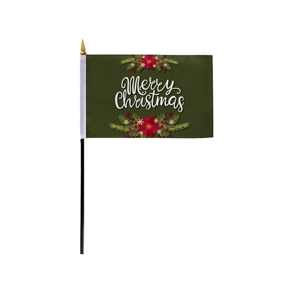 AGAS Christmas Stick Flags 4x6 Inch - Merry Christmas with Floral Decoration on Deep Green Background - 100% Polyester - 11 Inch Plastic Pole