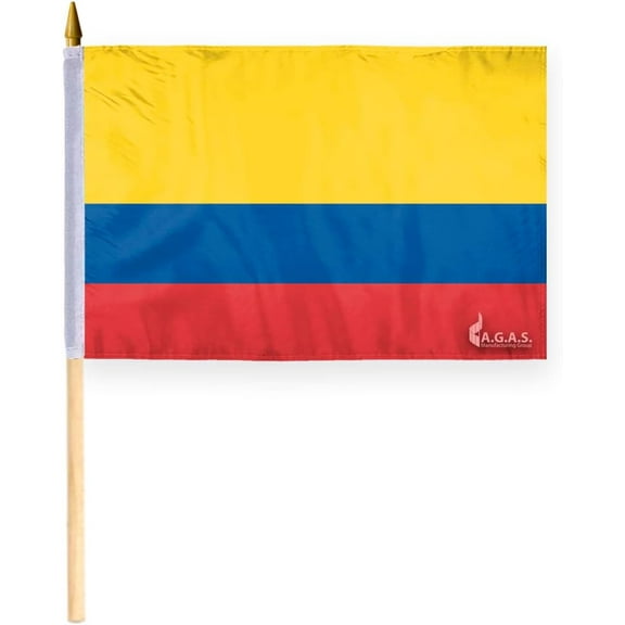 AGAS Colombia Stick Flag 12x18 inch mounted onto 24 inch Wood Pole - Printed Single Sided on Polyester - Stitched Edges - Mini Colombia Flag - CO National Flag - Colombian Flag El Tricolor Nacional.