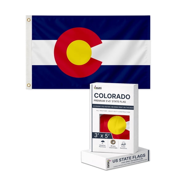 AGAS Colorado State Flag 3x5 Ft - Single Sided Polyester - Iron Grommets - Indoor/Outdoor Standard Size State of Colorado CO Flag