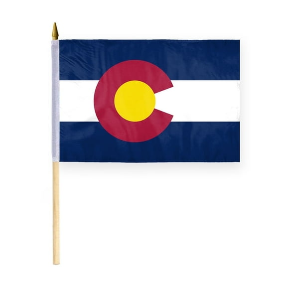 AGAS Colorado Stick Flag 12x18 Inch with 24 inch Wood Pole - Printed Polyester - State of Colorado Handheld Desk Flag Small Colorado Flag