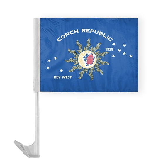 AGAS Conch Republic Car Flag 12x16 inch Polyester Fabric Double Stitched 17 Inch White Plastic Flexible Pole High Visibility Conch Republic Key West Florida National Car Flag