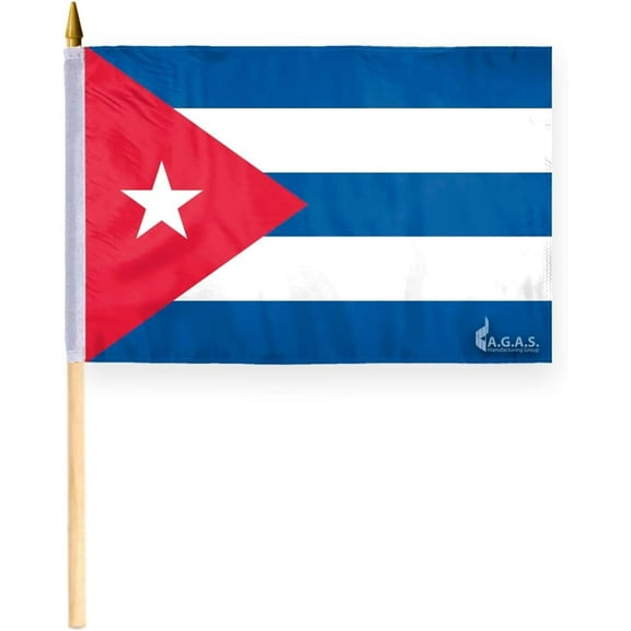 AGAS Cuba Stick Flag 12x18 inch mounted onto 24 inch Wood Pole - Printed Single Sided on Polyester - Stitched Edges - Mini Cuba Flag - CU National Flag - Cuban Flag Bandera de Cuba.
