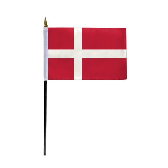 AGAS Denmark Stick Flag 4x6 inch mounted onto 11 inch Plastic Pole - Printed Single Sided on Polyester Stitched Edges - Mini Danish Handheld Flag