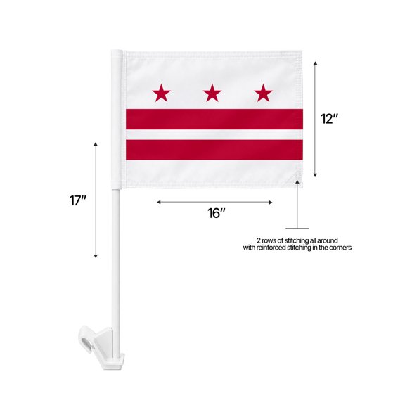 AGAS District of Columbia State Car Window Flag 12x16 Inch - Printed Polyester - 17 Inch White Plastic Flex Pole State of District of Columbia Car Flag