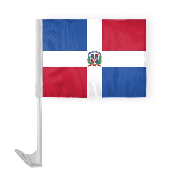 AGAS Dominican Republic Car Flag 12x16 inch Polyester Fabric Double Stitched 17 Inch White Plastic Flexible Pole High Visibility Official Dominican Republic National Car Flag
