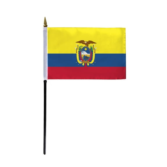 AGAS Ecuador Stick Flag 4x6 inch mounted onto 11 inch Plastic Pole - Polyester - Stitched Edges - Mini Ecuador Flag - Ecuador National Flag with Seal - EC Flag bandera de Ecuador