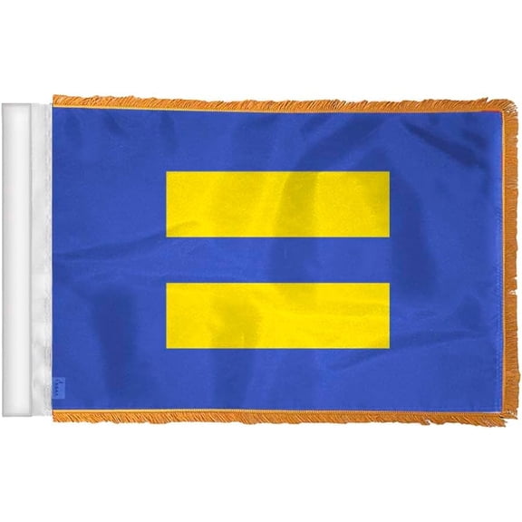 AGAS Equality Pride Car Antenna Flag - 4x6 inch, gold-fringed polyester. Stitched edges, plastic clip.