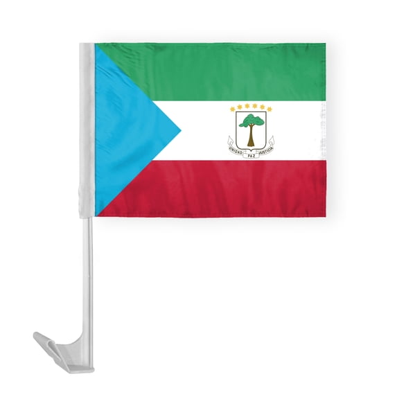AGAS Equatorial Guinea Car Flag 12x16 inch Polyester Fabric Double Stitched 17 Inch White Plastic Flexible Pole High Visibility Equatorial Guinean National Car Flag