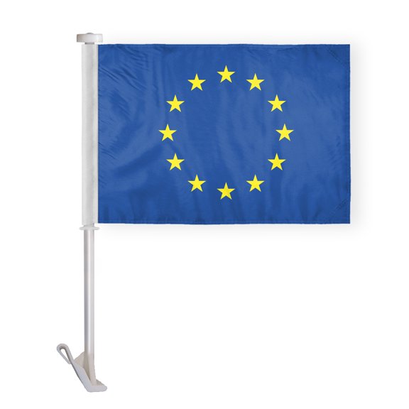 AGAS European Union Car Flag Premium 10.5x15 inch Printed Double Sided on Super Knit Polyester Fabric Double Stitched 19 Inch White Plastic Unbreakable Stiff Pole High Visibility EU National Car Flag