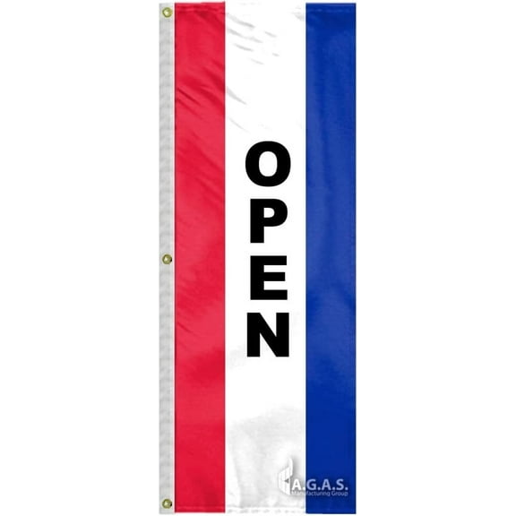 AGAS Flags 8' Ft x 28" Inch Open Car Dealership Flag, Sewn Stripes, Vertical Message Flag Material 200D Nylon, Canvas Header & 3 Anti Rust Brass Grommets