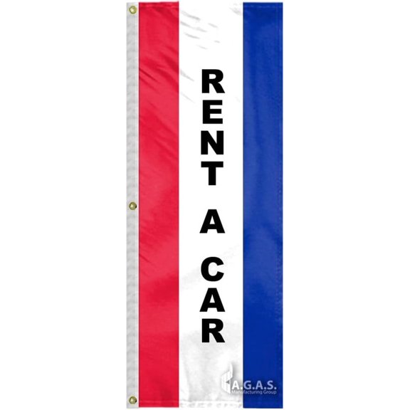 AGAS Flags 8' Ft x 28" Inch Rent a Car Auto Dealership Flag, Sewn Stripes, Vertical Message Flag Material 200D Nylon, Canvas Header & 3 Anti Rust Brass Grommets