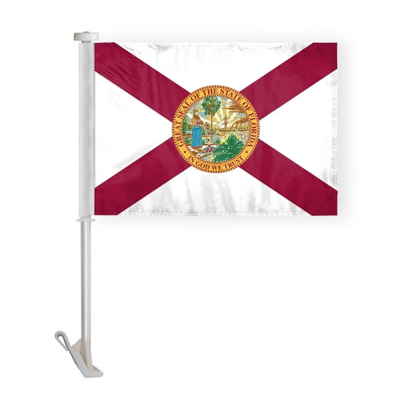 AGAS Florida State Car Window Flag 10.5x15 inch - Double Side Printed Knitted Polyester - 19 Inch White Plastic Unbreakable Pole Tough Florida Car Flag