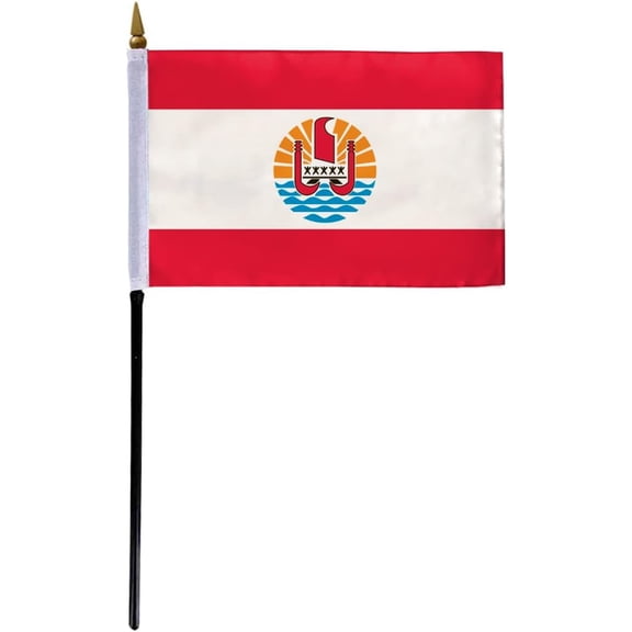 AGAS French Polynesia Tahiti Flag 4x6 inch - 11" Plastic Pole 100% Polyester Stitched Edges French Polynesia Tahitian Mini Flag on a Stick