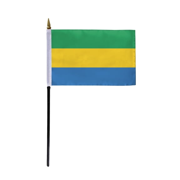 AGAS Gabon Flag 4x6 inch - 11" Plastic Pole 100% Polyester Stitched Edges Gabonese National Mini Flag on a Stick