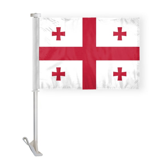 AGAS Georgia Car Flag Premium 10.5x15 inch Printed Double Sided on Super Knit Polyester Fabric Double Stitched 19 Inch White Plastic Unbreakable Stiff Pole High Visibility Georgian National Car Flag