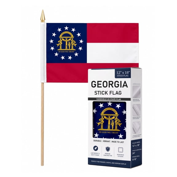 AGAS Georgia Stick Flag 12x18 Inch with 24 inch Wood Pole - Printed Polyester - State of Georgia Handheld Desk Flag Small Georgia Flag